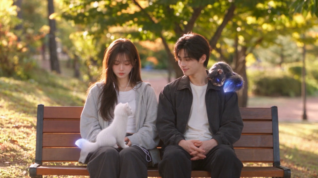 MIR and IAN together on a park bench, with Neve on MIR’s lap and Luan on IAN’s shoulder
